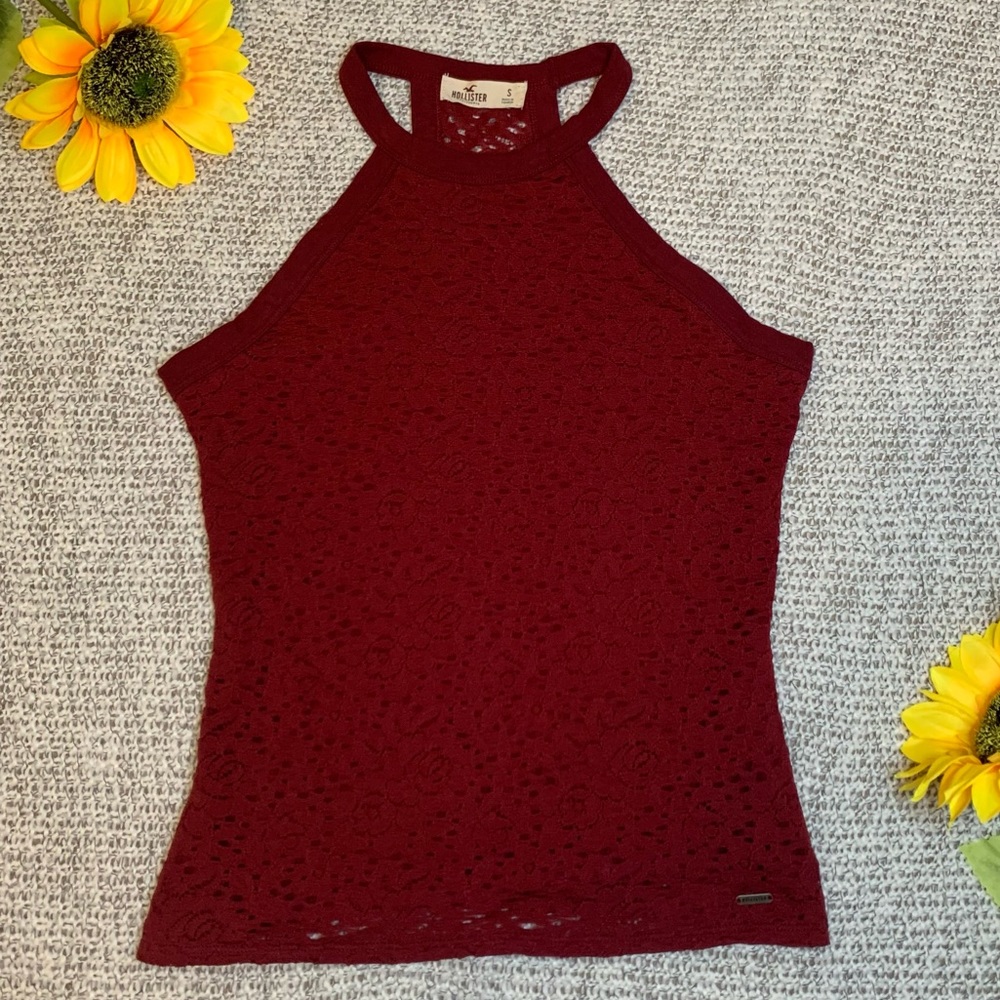 Hollister Maroon Lace Halter Tank Top with Sheer Back